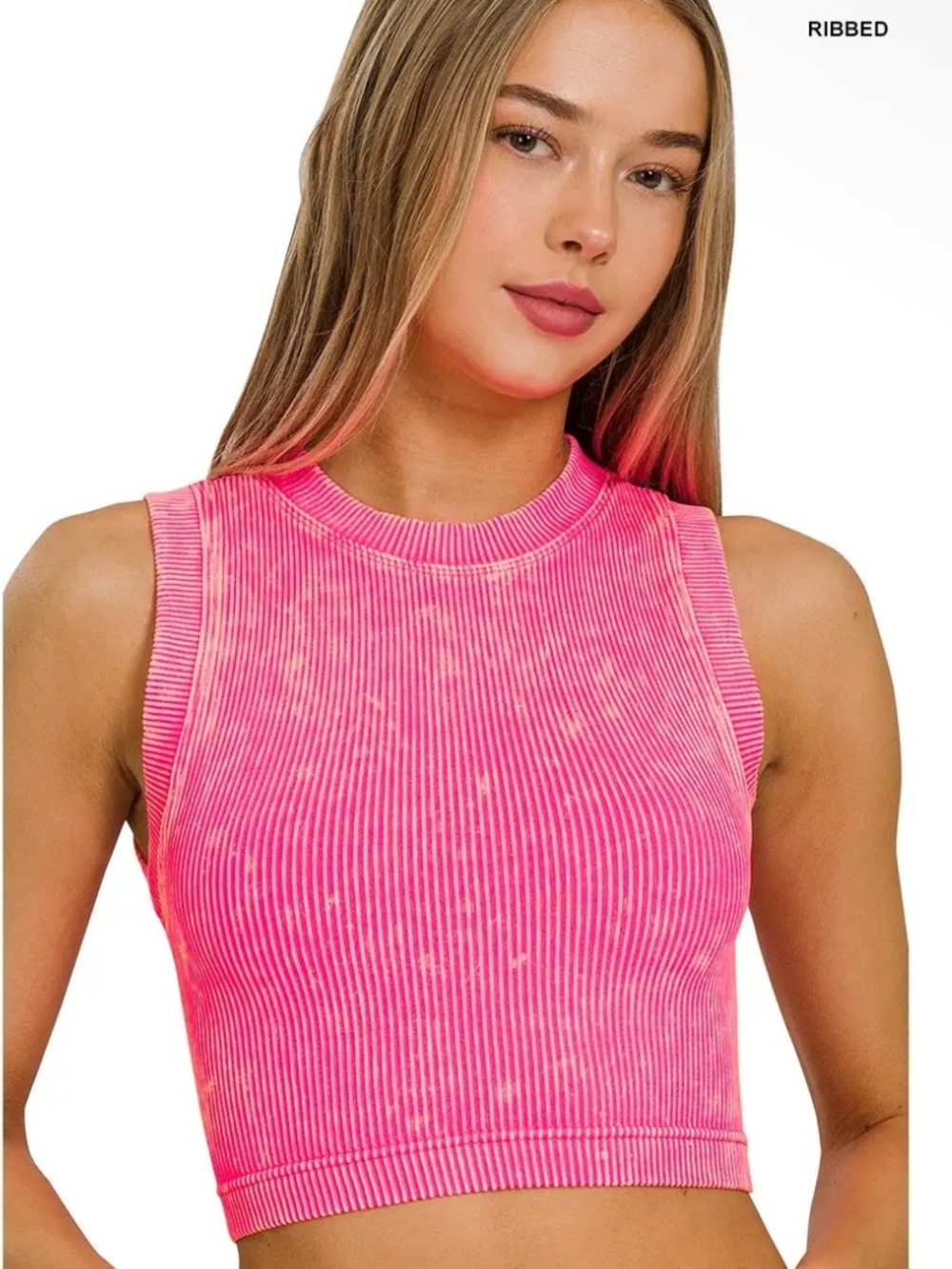 Zenana Ribbed Washed Crop Tank Top Coral Fuchsia Pink L/XL NWT